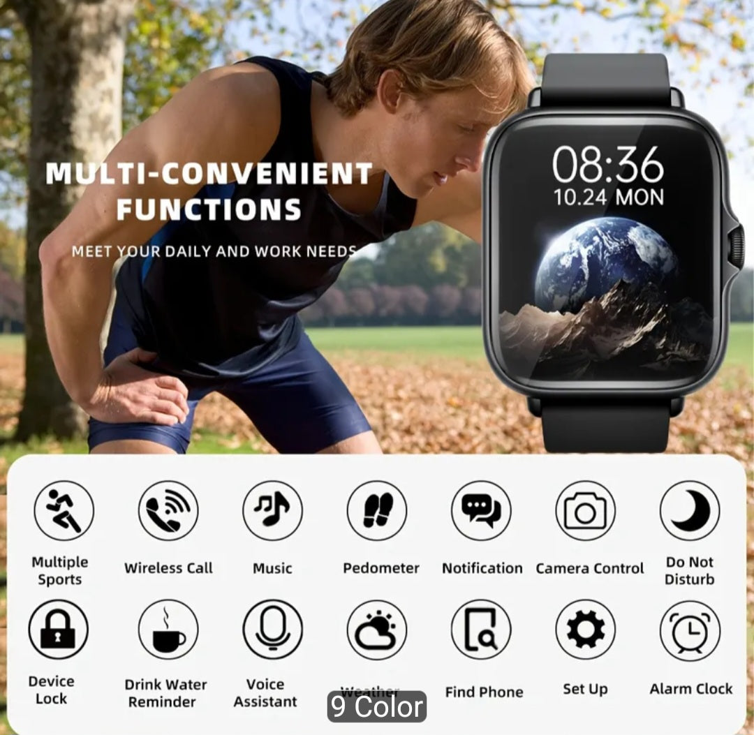 Smart watch with full touch screen, health monitoring, receive message notifications, and answer calls from wrist - Iphone & Android compatible